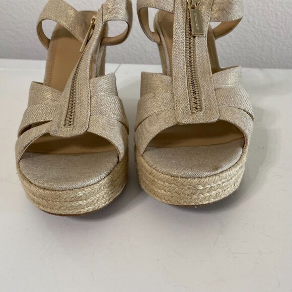 Michael Kors Berkley Espadrille Wedge Sandal 8.5 Platform Pale‎ Gold Canvas - Picture 5 of 11